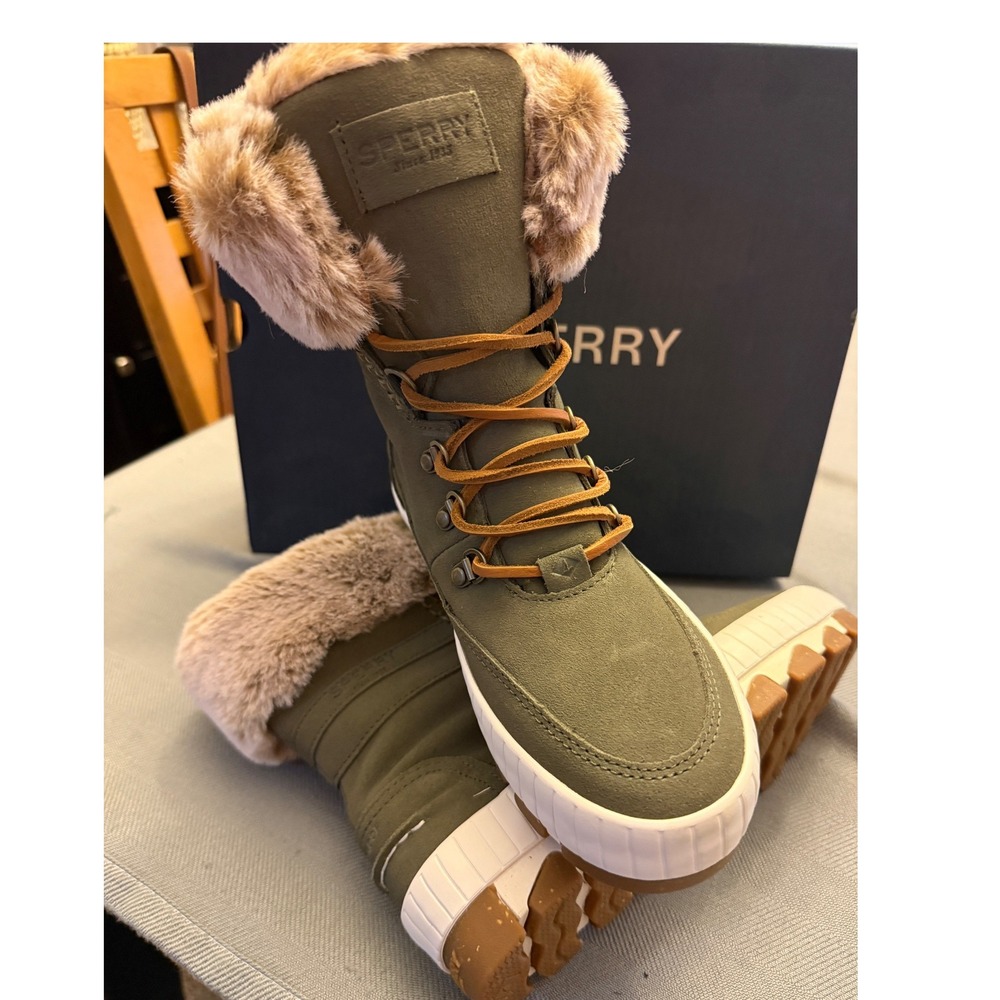 Sperry Torrent Winter Suede Boots Olive Green Faux Fur Waterproof STS89006 W 7.5 - Picture 8 of 9